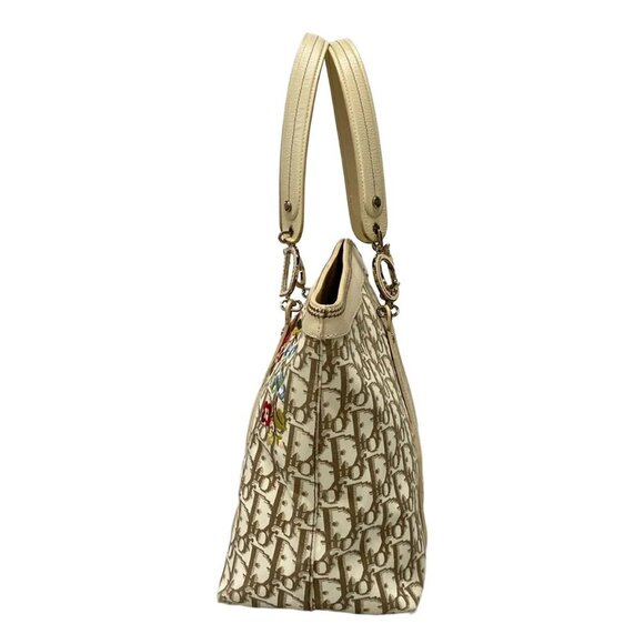 Auth DIOR/ChristianDior Flower/Trotter Cream Brown Cotton Leather Tote Bag - Picture 6 of 16